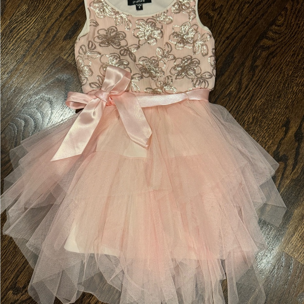 Zunie Pink Floral Sparkly Embroidered Formal Tulle Dress